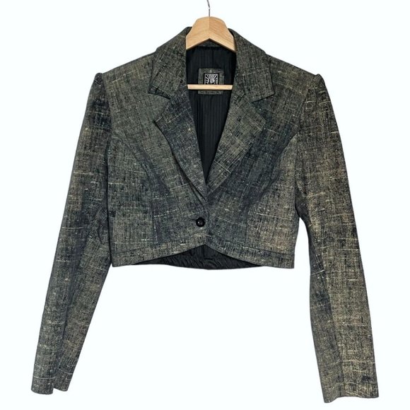 90s Vintage NYS Denim Effect 100%  Genuine Leather Cropped Blazer Jacket Size 6 - Picture 1 of 11
